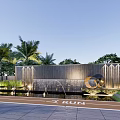 Elegant Wooden Feature Wall With Water Fountains And Palm Trees In Landscaped Area