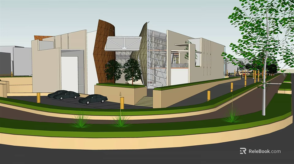 Modern Museum Building With Inclined Glass Curtain Wall Greenery And Parking Area 3d model 