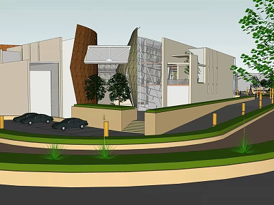 Modern Museum Building With Inclined Glass Curtain Wall Greenery And Parking Area 3d model