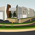 Modern Museum Building With Inclined Glass Curtain Wall Greenery And Parking Area