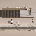 Modern Reception Desk With Marble Surface Staff Using Computer And Decorative Ornaments 3d model