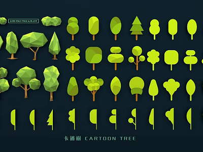 Fun Cartoon Tree Wall Decor with Various Green Shapes and Artistic Designs 3d model