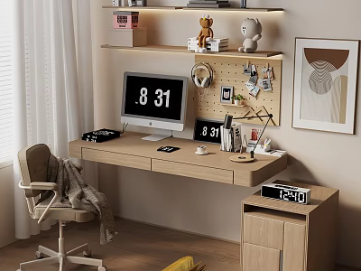 Modern Home Office Desk Setup With Computer Monitor Pinboard Bookshelf Cozy Chair And Clock 3d model