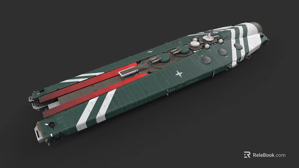 Green And White Striped Warship With Red Elements And Circular Deck Structures 3d model 