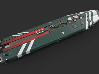 Green And White Striped Warship With Red Elements And Circular Deck Structures 3d model
