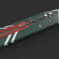 Green And White Striped Warship With Red Elements And Circular Deck Structures
