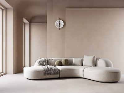 Irregular Shaped Sofa in Minimalist Beige Interior with Pillows Throw Blanket and Natural Light 3d model