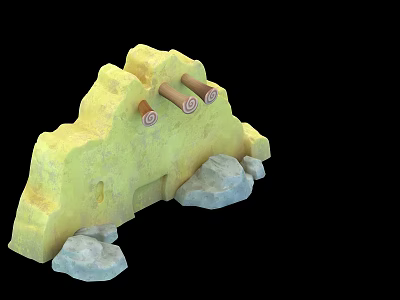 Yellow Rock Fortress Structure With Brown Cylindrical Logs And Gray Stones 3d model