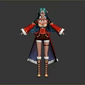 Anime Female Character With Teal Hair Red Coat Brown Shorts And Knee High Boots