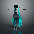 Game And Movie Character With Teal Long Hair Black Hat Pink Decorations And Gray Skirt