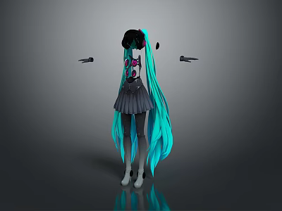 Game And Movie Character With Teal Long Hair Black Hat Pink Decorations And Gray Skirt 3d model