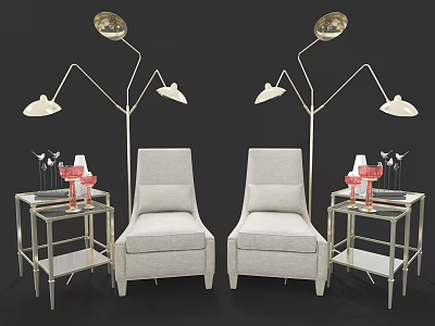 Modern Interior With Two Beige Armchairs Gold Floor Lamps Side Tables And Decorative Glassware 3d model