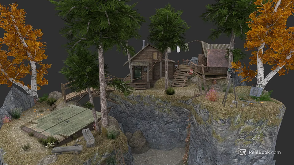 Micro Terrain Featuring Small Wooden Cabins Autumn Trees Wooden Bridge And Cliff Edge 3d model 