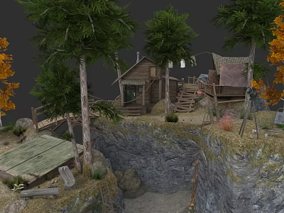 Micro Terrain Featuring Small Wooden Cabins Autumn Trees Wooden Bridge And Cliff Edge 3d model