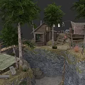 Micro Terrain Featuring Small Wooden Cabins Autumn Trees Wooden Bridge And Cliff Edge