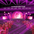 Decorated Banquet Hall With Purple Lighting Stage Pink Decorations And Tables Chairs Setup