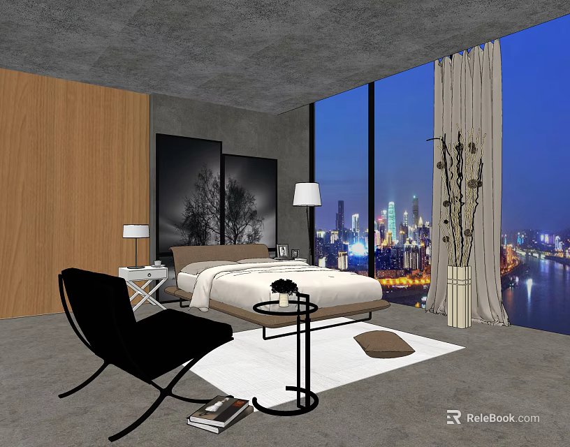 Modern Hotel Room Interior With King Bed Floor to Ceiling Windows and City Night View 3d model 