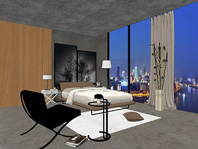 Modern Hotel Room Interior With King Bed Floor to Ceiling Windows and City Night View 3d model
