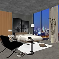 Modern Hotel Room Interior With King Bed Floor to Ceiling Windows and City Night View