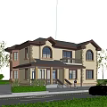 Two Story Detached Villa With Brown Roof Beige Exterior Arched Windows And Front Greenery