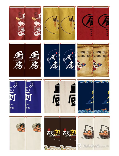 Colorful Kitchen Curtains With Chinese Characters Various Colors And Traditional Patterns 3d model 