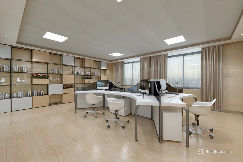 Modern Public Office Space Interior With White Desks Chairs Shelves Windows And Wooden Flooring 3d model 