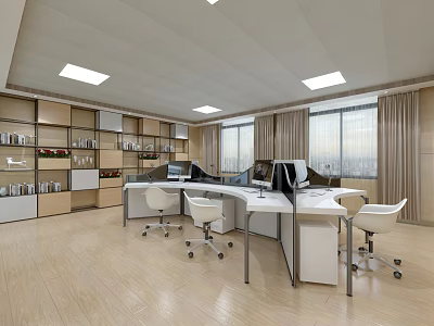 Modern Public Office Space Interior With White Desks Chairs Shelves Windows And Wooden Flooring 3d model