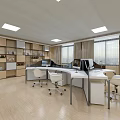 Modern Public Office Space Interior With White Desks Chairs Shelves Windows And Wooden Flooring