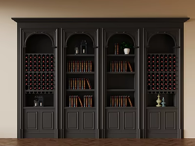 Black Wooden Bookshelf With Arched Compartments Holding Wine Bottles Books And Decor 3d model