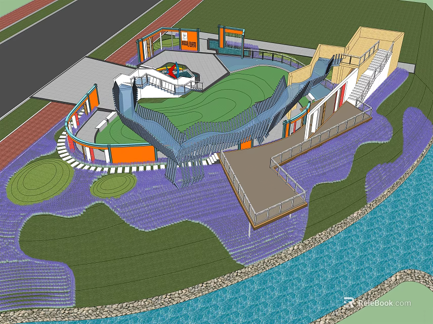 Children's Play Area With Colorful Structures Slide Green Lawn Walkway And Water Feature 3d model 
