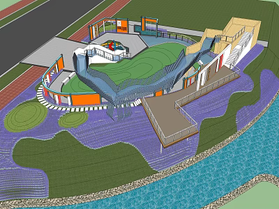 Children's Play Area With Colorful Structures Slide Green Lawn Walkway And Water Feature 3d model