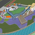 Children's Play Area With Colorful Structures Slide Green Lawn Walkway And Water Feature