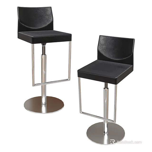 Black Leather Bar Stools With Adjustable Metal Frame And Round Base 3d model 