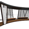 Modern Curved Pergola with Green Striped Roof and Wooden Geometric Columns