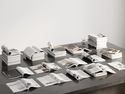 Books And Magazines Tabletop Display With Stacked Copies And Open Pages 3d model