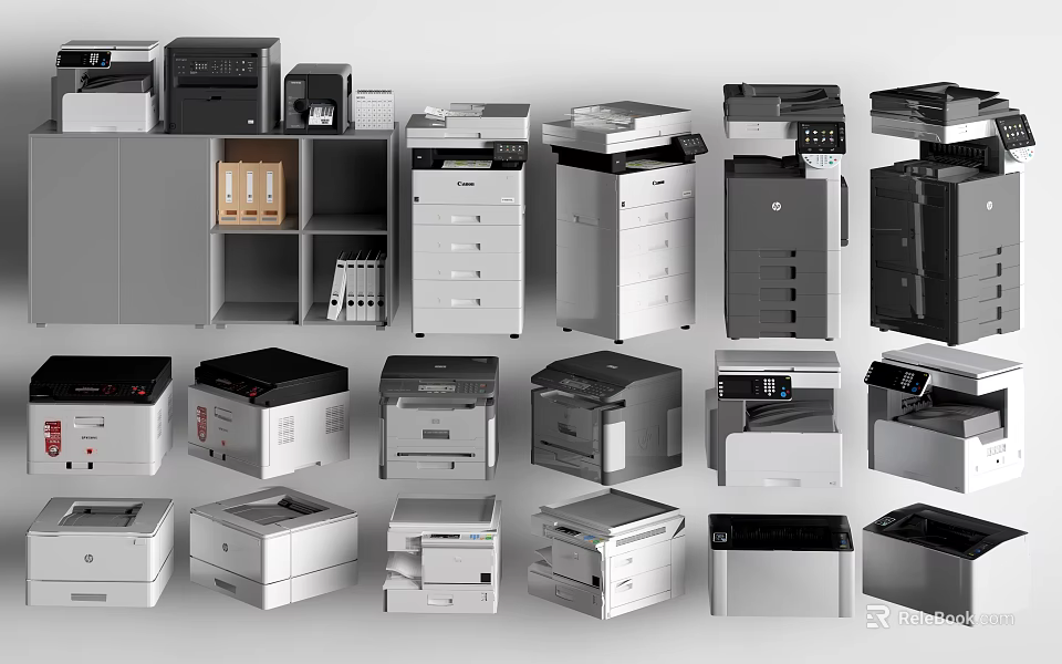 Diverse Business Equipment Including Printers Copiers Filing Cabinets and Multifunctional Devices for Office Use 3d model 