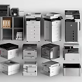 Diverse Business Equipment Including Printers Copiers Filing Cabinets and Multifunctional Devices for Office Use