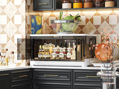 Black Kitchen Storage Cabinet With Glass Door Holding Spices Bottles And Vegetables In Glass Bowl 3d model