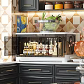 Black Kitchen Storage Cabinet With Glass Door Holding Spices Bottles And Vegetables In Glass Bowl