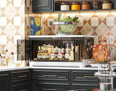 Black Kitchen Storage Cabinet With Glass Door Holding Spices Bottles And Vegetables In Glass Bowl 3d model