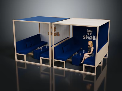 Skoll Branded Public Seating With Wooden Frame And Blue Canopy Design 3d model