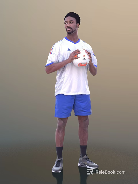 Man in white Adidas T-shirt and blue shorts holding a soccer ball 3d model 