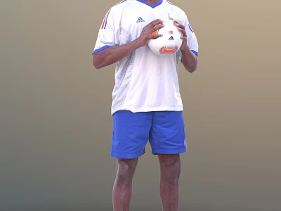 Man in white Adidas T-shirt and blue shorts holding a soccer ball 3d model