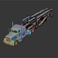 Blue Car Transporter Truck With Flatbed Trailer And Multiple Racks Shiny Exterior