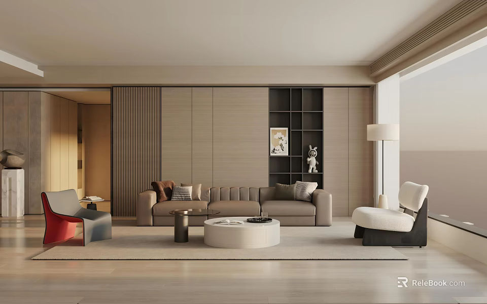 Modern Living Room Interior With Beige Sofa Coffee Table Bookshelf And Floor Lamp 3d model 