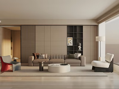 Modern Living Room Interior With Beige Sofa Coffee Table Bookshelf And Floor Lamp 3d model