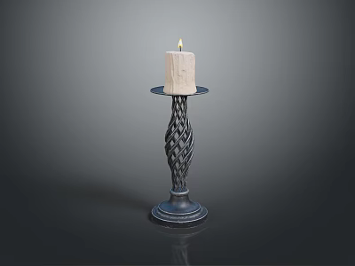 Lit Beige Candle On Decorative Braided Metal Candlestick Stand With Smooth Base 3d model