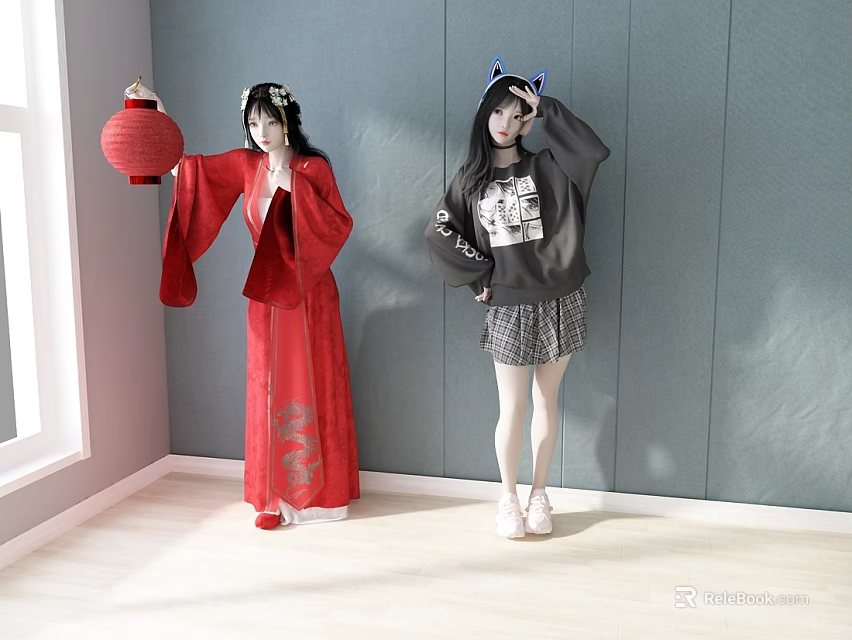 Game and Movie Characters Holding Lantern in Red Costume and Black Sweater Plaid Skirt by Window 3d model 