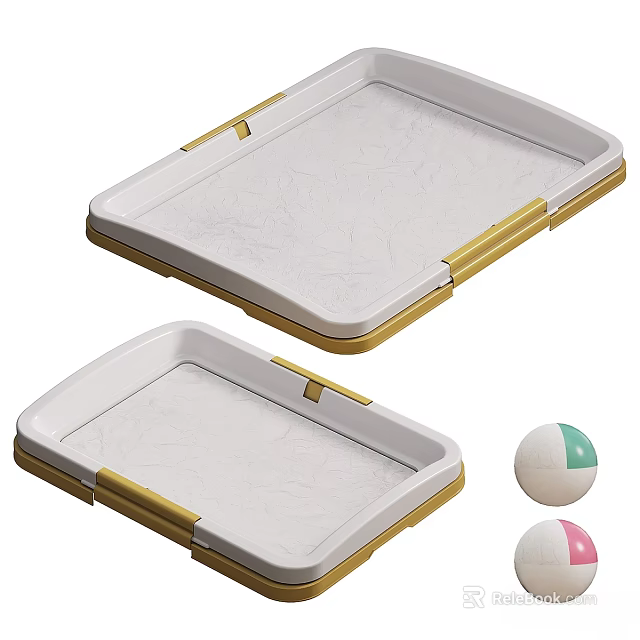 Decorative Ornament Set Featuring White Trays With Golden Borders And Colorful Balls 3d model 