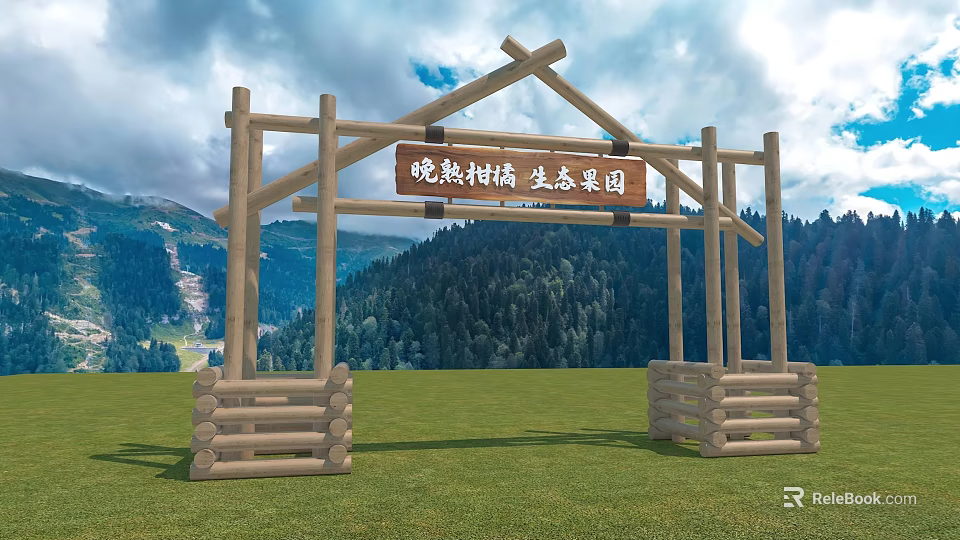 Wooden Entrance Gate for Ecological Orchard with Mountain Forest Green Grassland and Cloudy Sky 3d model 